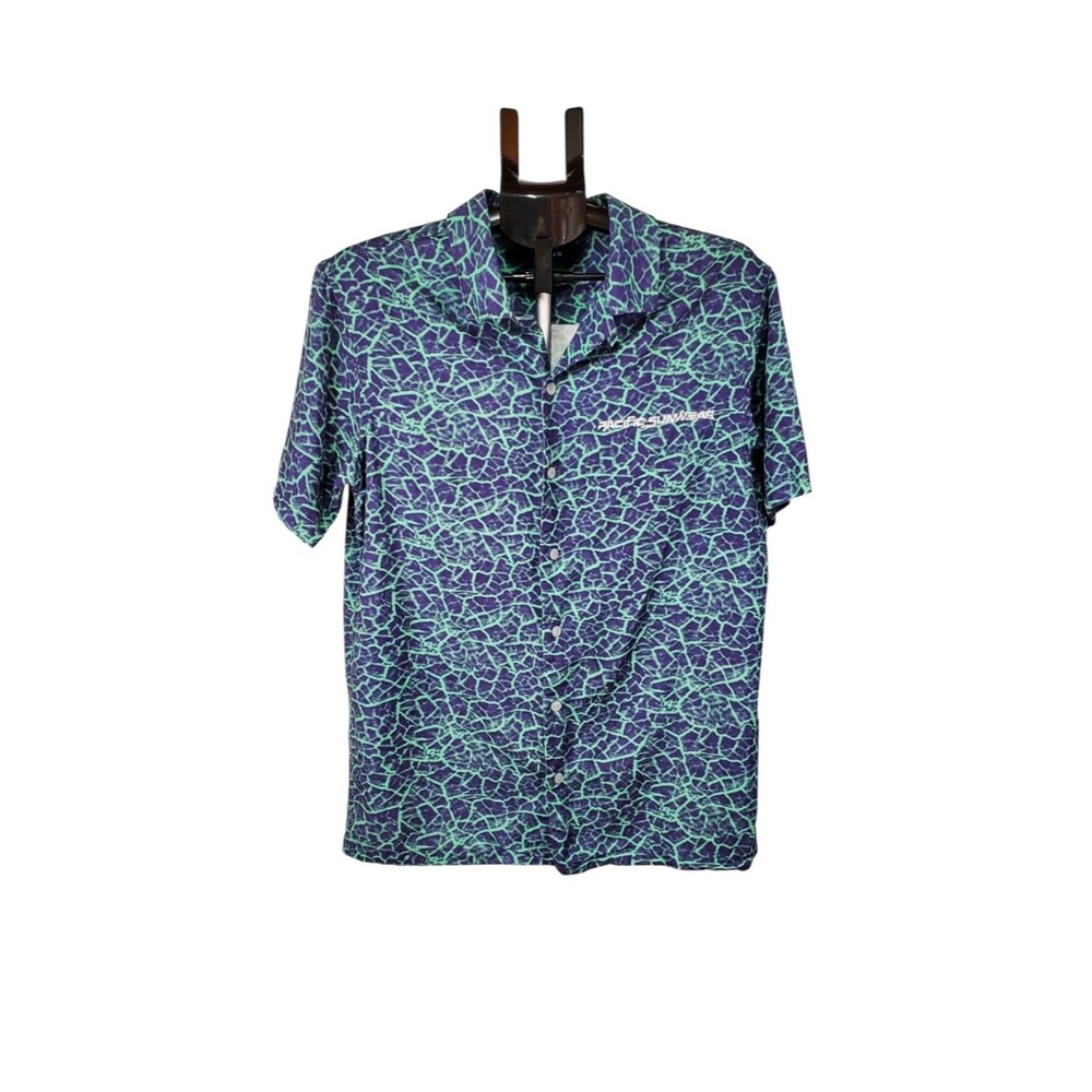 Pacsun Earthquake Blue and Green Bold Pattern Oversized Camp Shirt  Men Sz Med